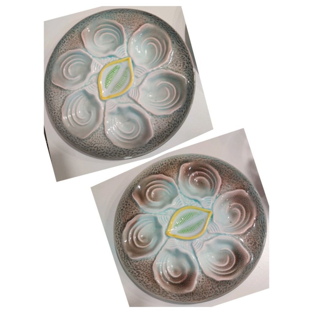 2 Vintage MCM Majolica Pottery Lemon Wedge Oyster Plates 1950-70's Japan READ